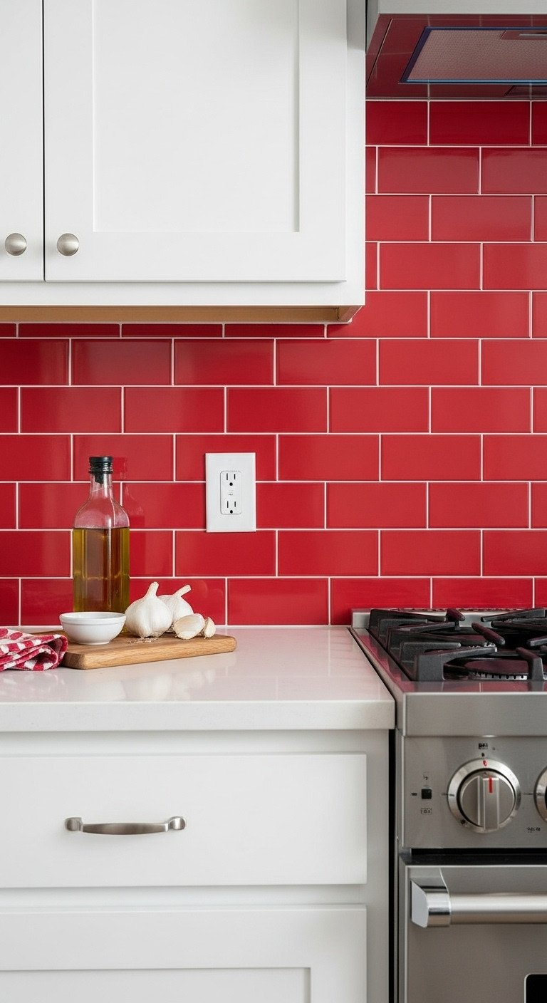 9 Red Apartment Kitchen Ideas That Look Open And Bright 5 Cherry red peel-and-stick subway tile backsplash, rental kitchen. White cabinets, laminate counter. DIY decor.