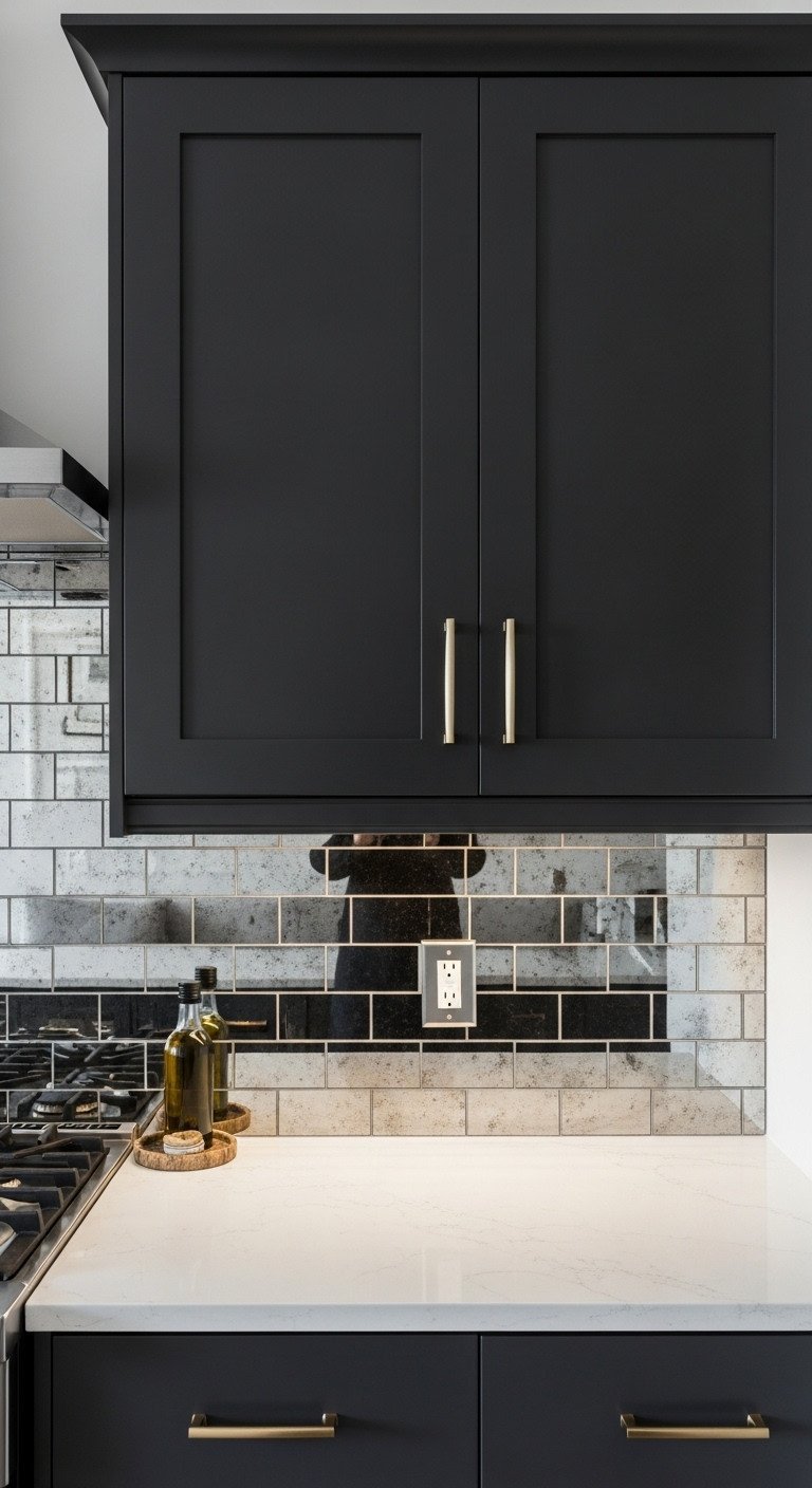Chic apartment kitchen: matte black cabinets, mirrored antique glass tile backsplash. Reflects light on white quartz countertop.