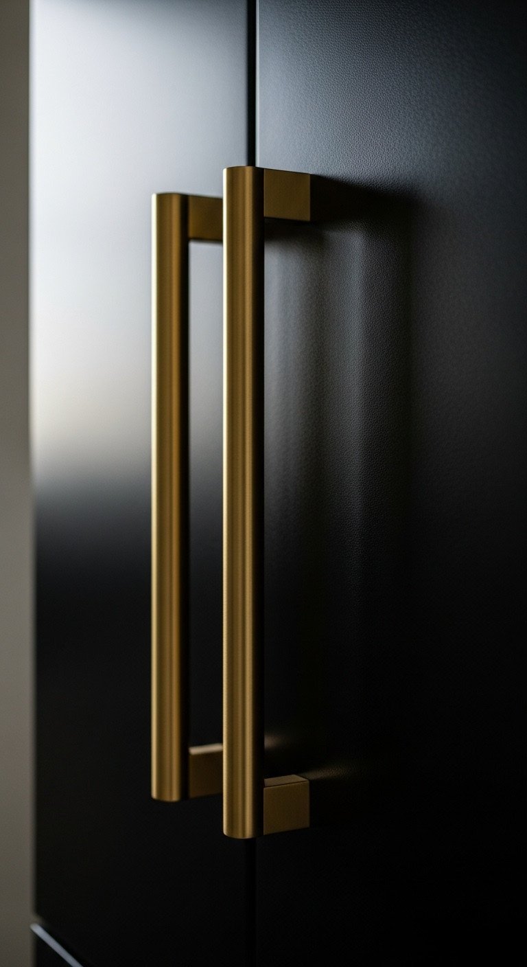 Chic black velvet bar stools with gold metal legs tucked under a matte black kitchen island on a light wood floor.