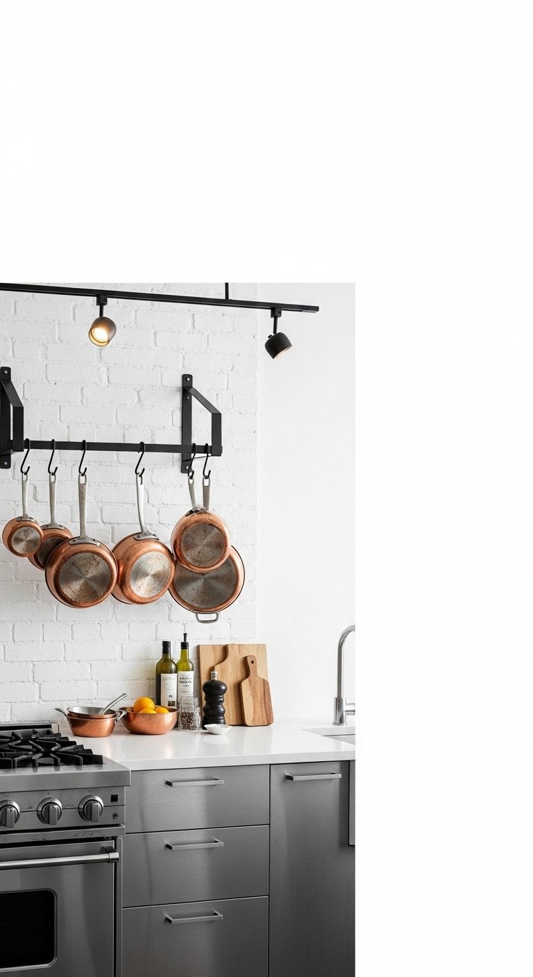 11 Genius Apartment Kitchen Design Ideas For Small Spaces 18 Chic industrial kitchen with minimalist black metal pot rack displaying gleaming copper pots on a white brick wall.