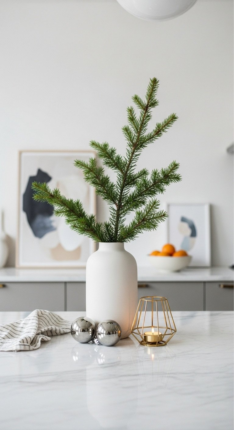 Chic, modern minimalist Christmas decor: evergreen branch, metallic ornaments, candle on white kitchen island.