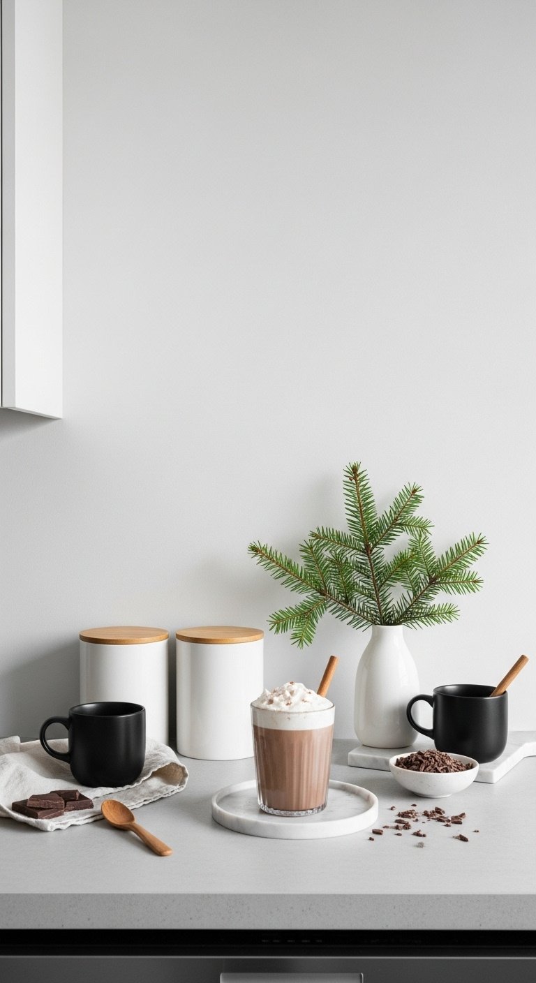 7 Christmas Kitchen Decor Hot Cocoa Bar Ideas For A Cozy Home 13 Chic modern minimalist hot cocoa setup with ceramic canisters mugs and evergreen branch in kitchen