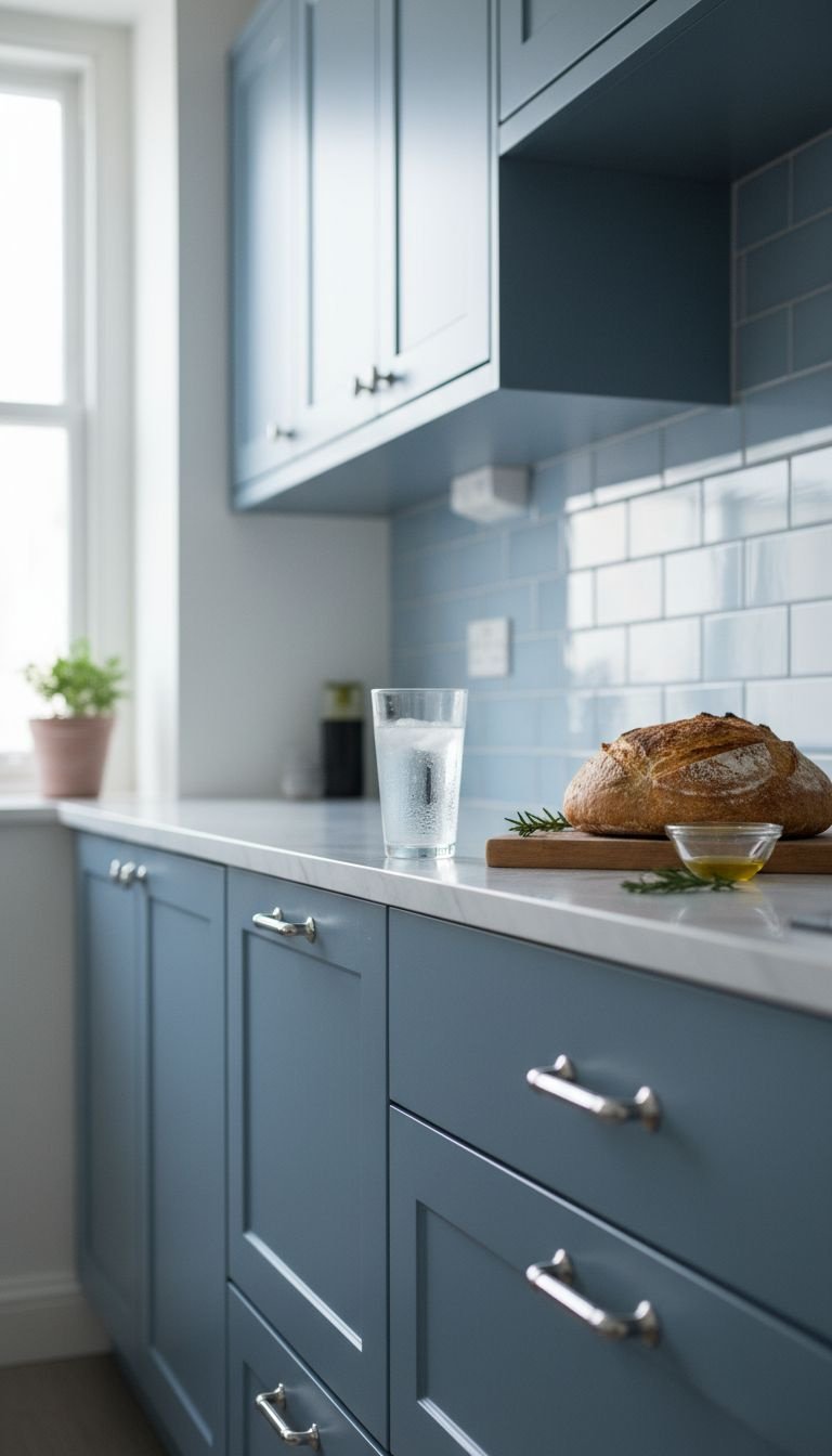 Chic monochromatic blue kitchen featuring dusty blue cabinets, lighter blue subway tile backsplash, chrome hardware, marble countertop.