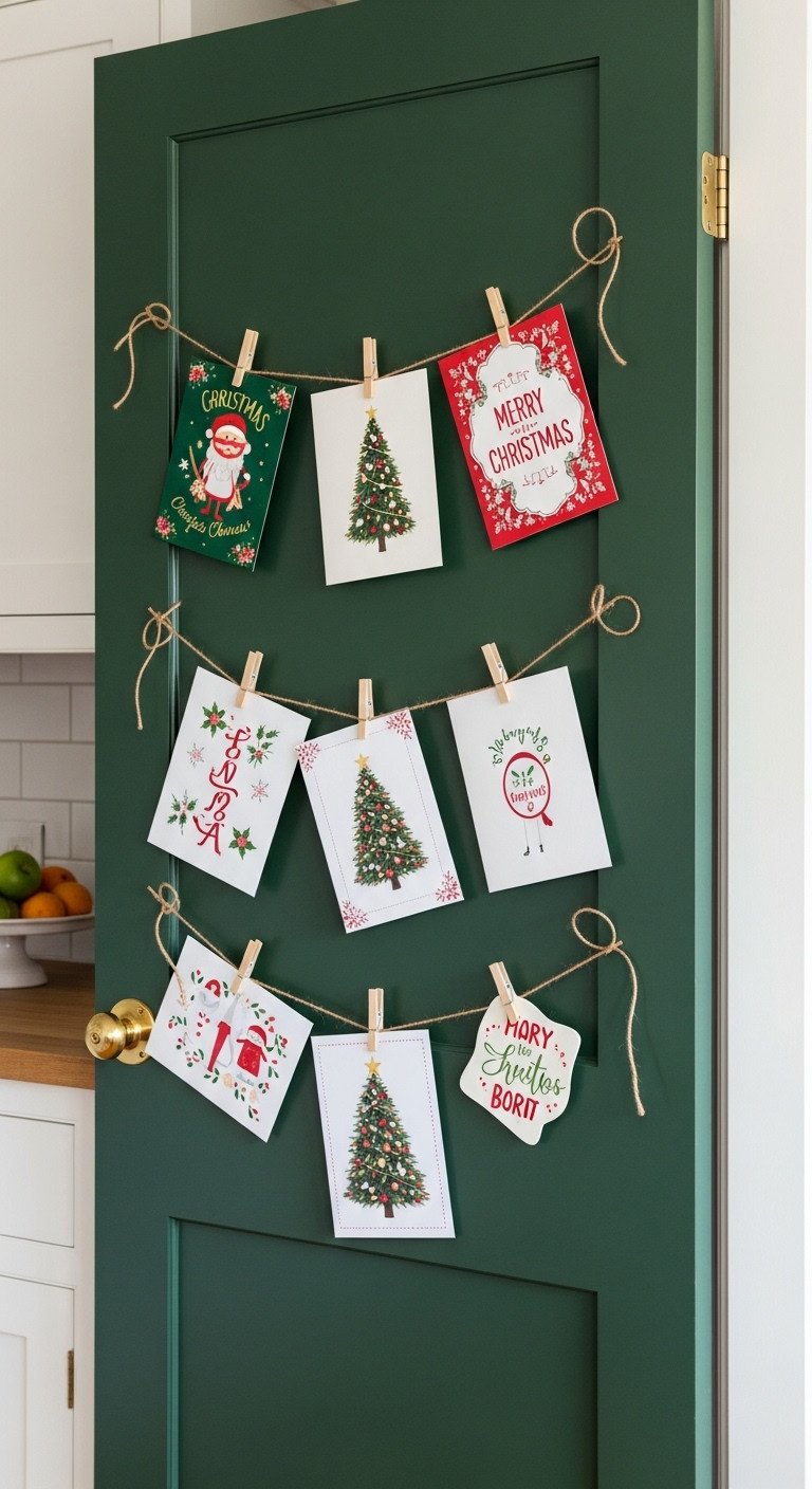 Christmas card display on a dark green kitchen pantry door with twine and tiny wooden clothespins
