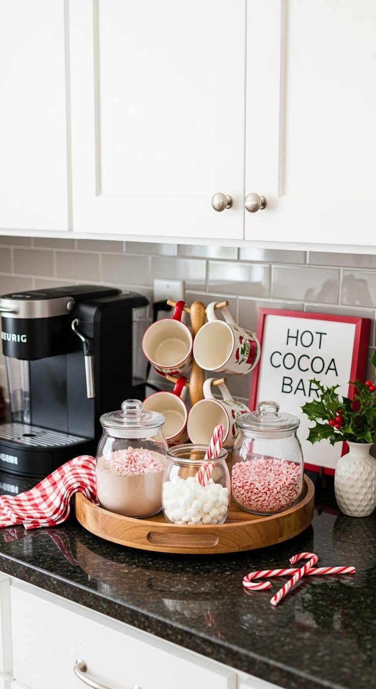 Christmas coffee bar on granite counter with hot cocoa jars, festive mugs, "Hot Cocoa Bar" sign, and Keurig machine.