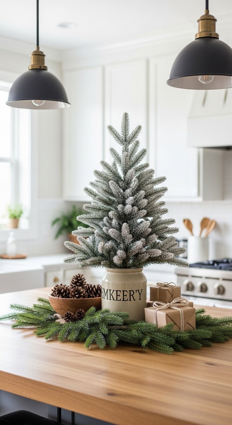 Christmas focal point on a kitchen island with a frosted tree in a rustic crock pinecones and wrapped gifts