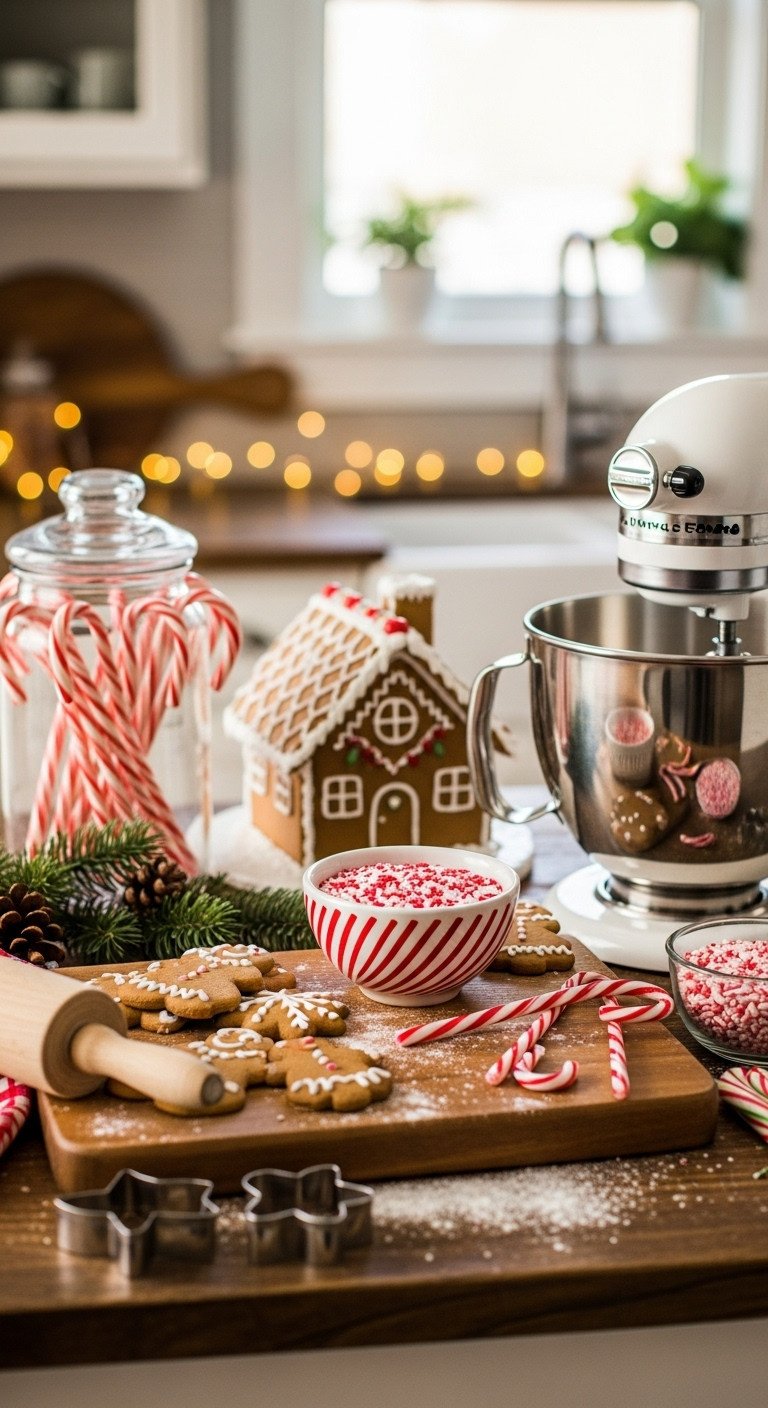 Christmas gingerbread and candy cane baking station with cookies, sprinkles, stand mixer, house, and garland.