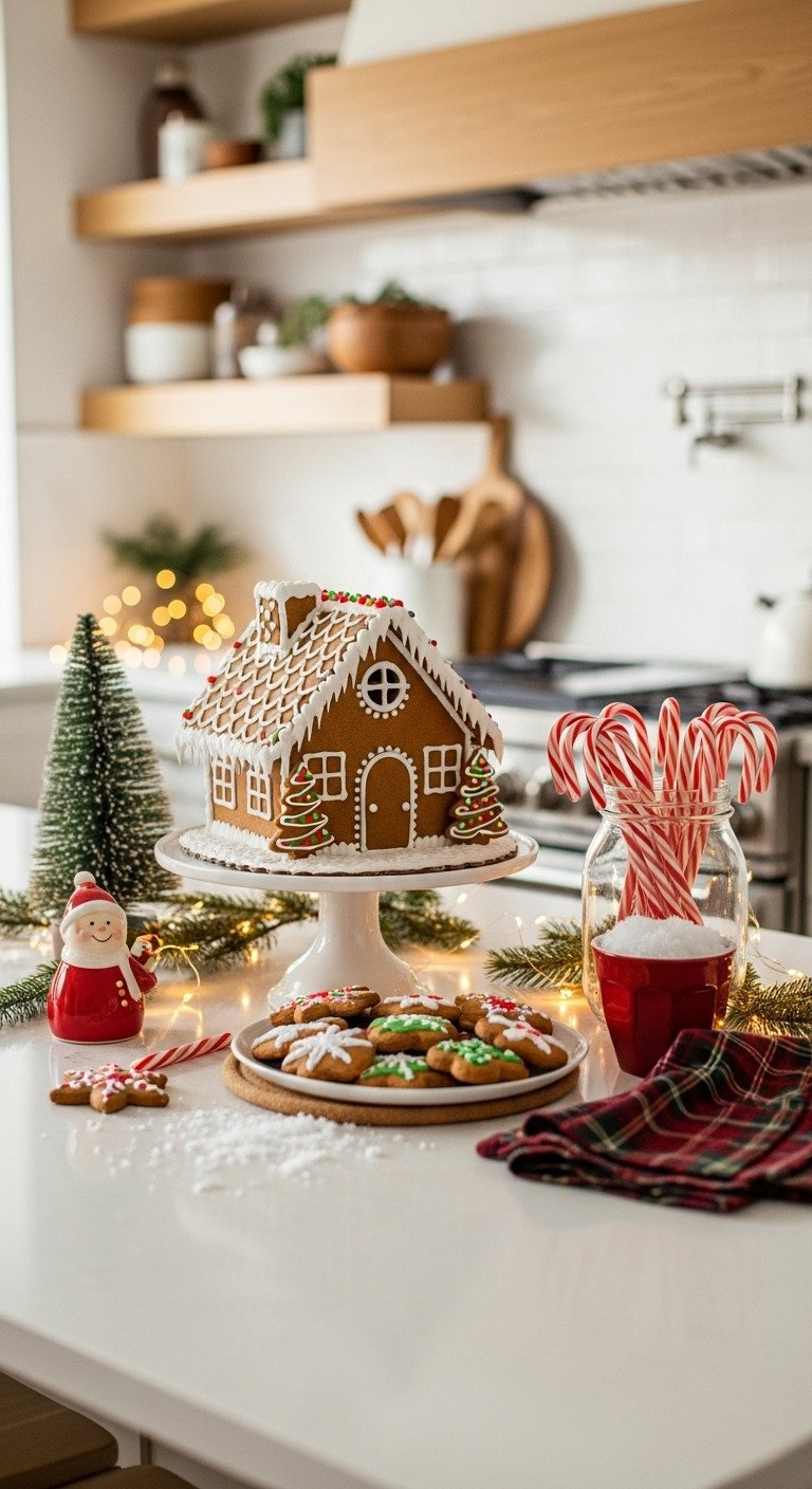 Christmas gingerbread house, cookies, and candy canes create a sweet treats station on a white kitchen island.