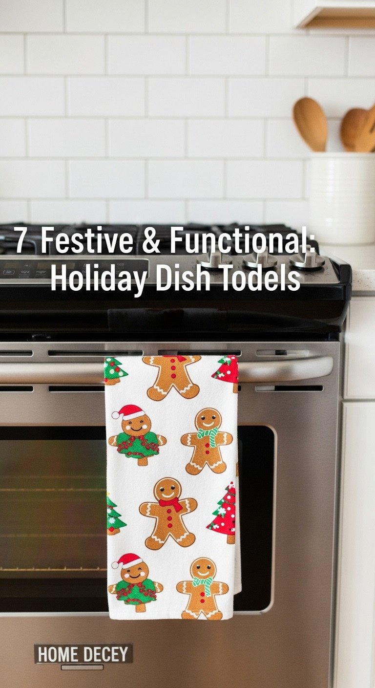 7 Genius Dollar Tree Christmas Kitchen Decor Ideas 7 Christmas gingerbread man dish towel hanging on a stainless steel oven handle in a bright kitchen with blurred subway tile backsplash