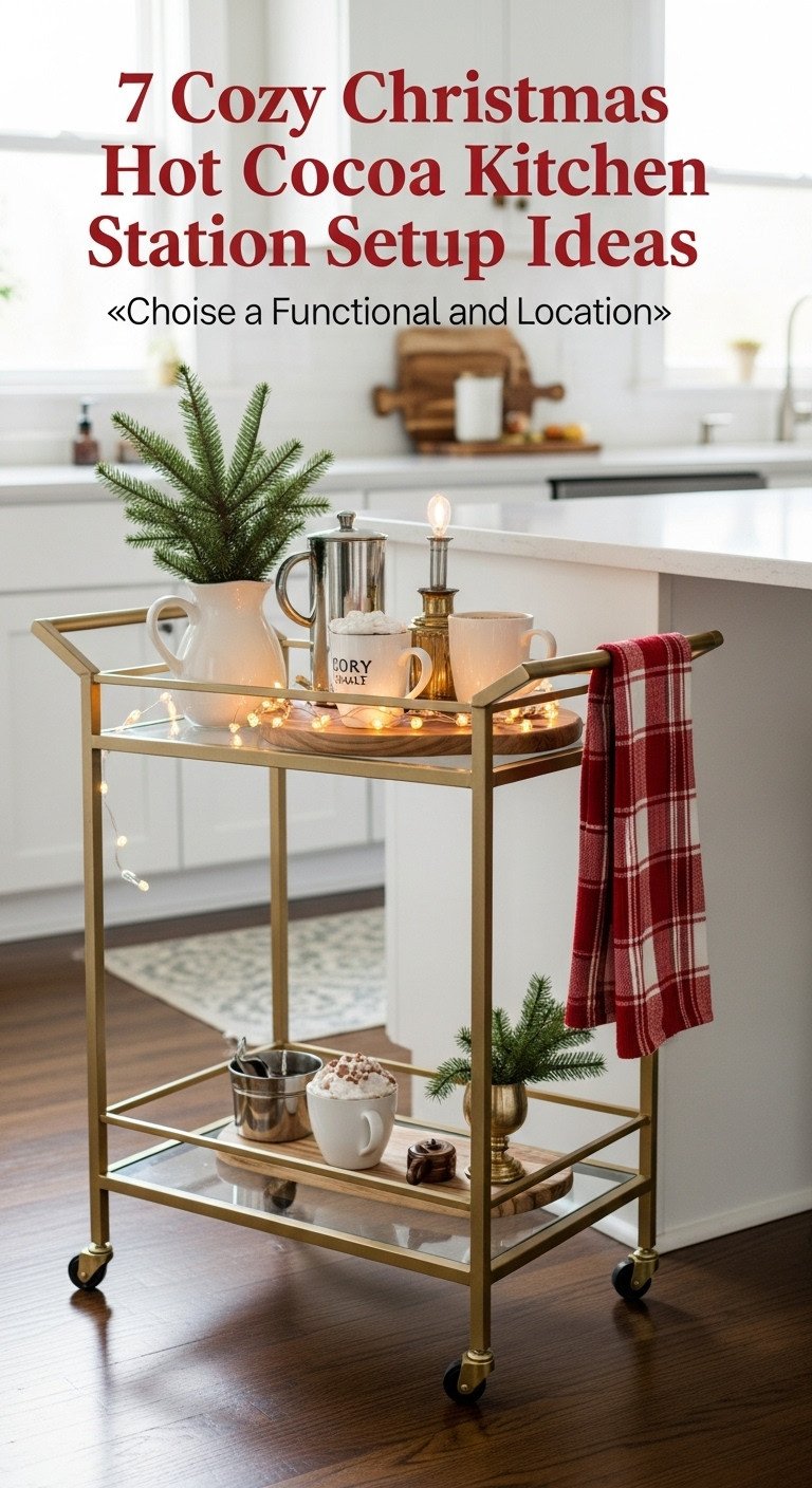 Christmas hot cocoa station on a rolling bar cart in a cozy kitchen with festive decor