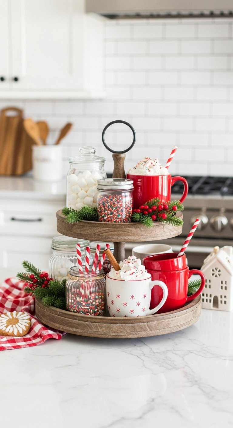 Christmas hot cocoa station on a three tiered rustic wood tray with marshmallows and mugs