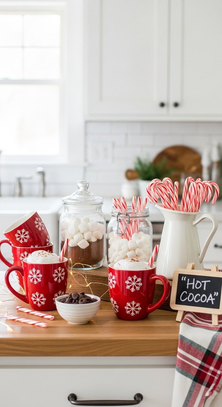 Christmas hot cocoa station on kitchen shelf with festive mugs marshmallows cocoa and candy canes