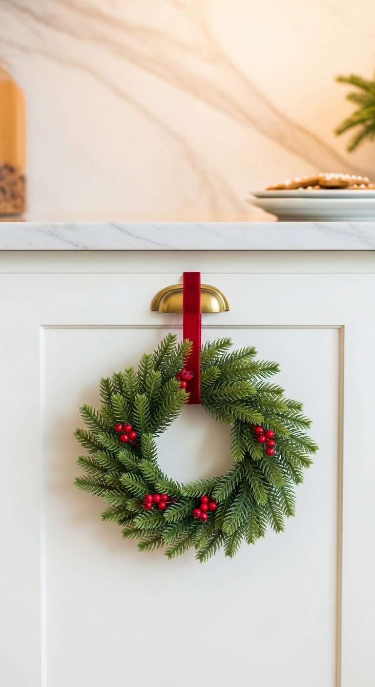 11 Cozy Christmas Kitchen Ideas That Feel Truly Magical 1 Christmas kitchen: Faux cedar mini wreath with red velvet ribbon on warm white shaker cabinet. Soft focus marble counter, brass knob.