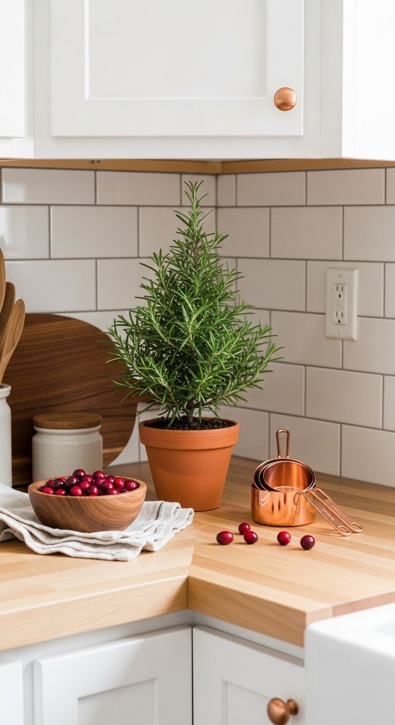 Christmas kitchen counter with a mini Christmas tree in a terracotta pot cranberries and copper measuring cups on a butcher block countertop