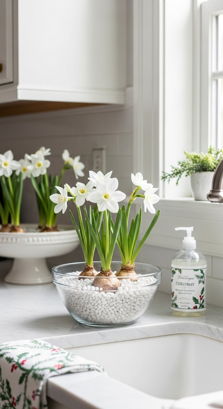 Christmas kitchen counter with blooming paperwhites in a glass bowl next to the sink and festive hand soap on a marble countertop