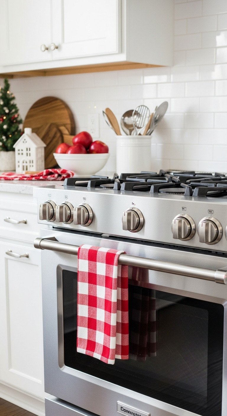 Christmas kitchen decor with a cohesive red and white color scheme including a buffalo check towel and apples
