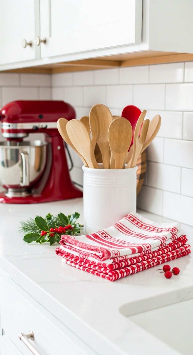 Christmas kitchen decor with red towels wooden spoons and stand mixer on white countertop