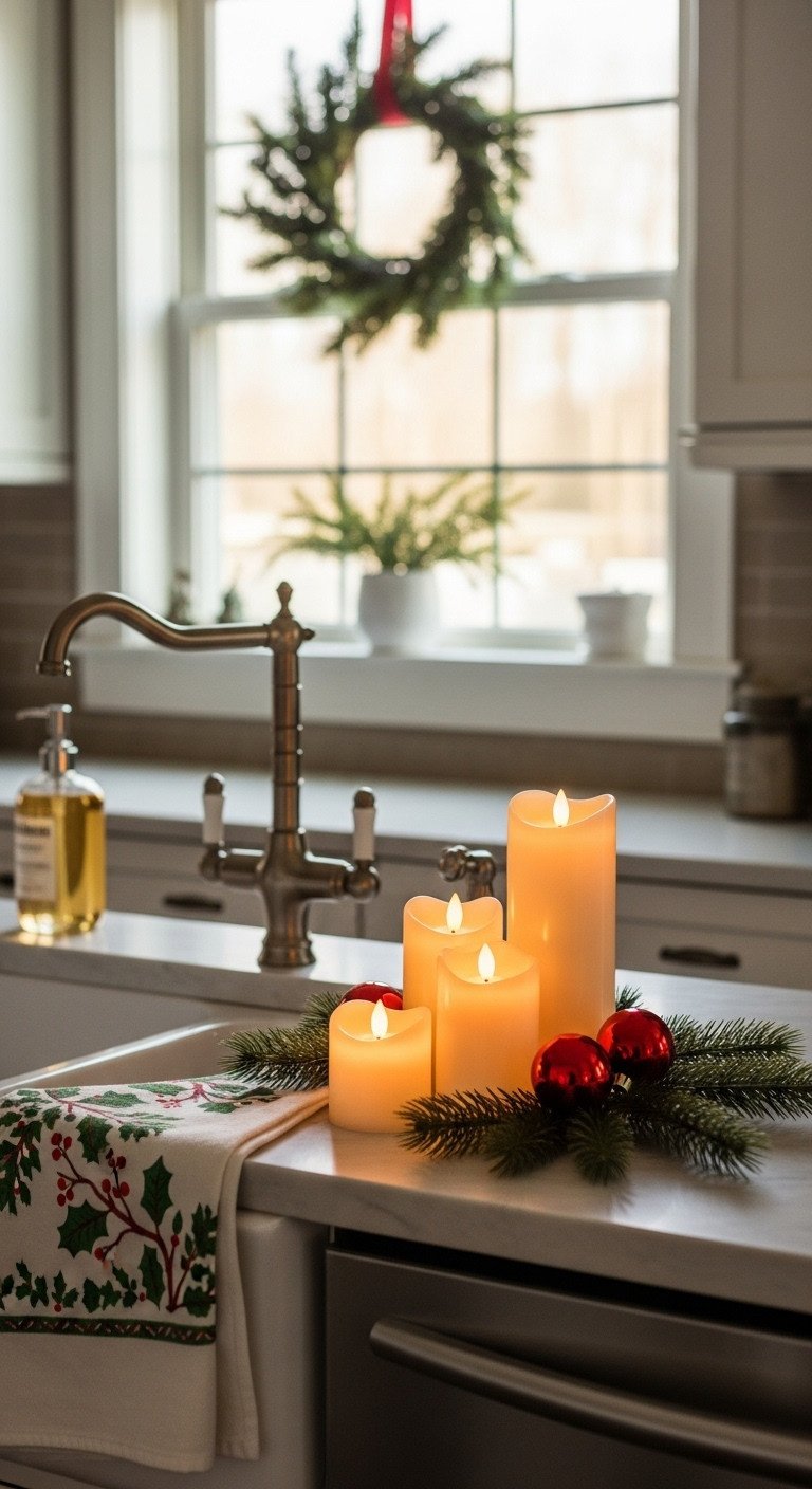Christmas kitchen eucalyptus pine garland over range hood