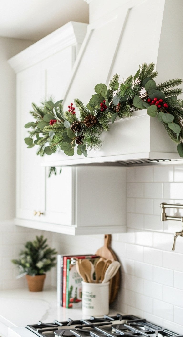 Christmas kitchen eucalyptus pine garland over range hood