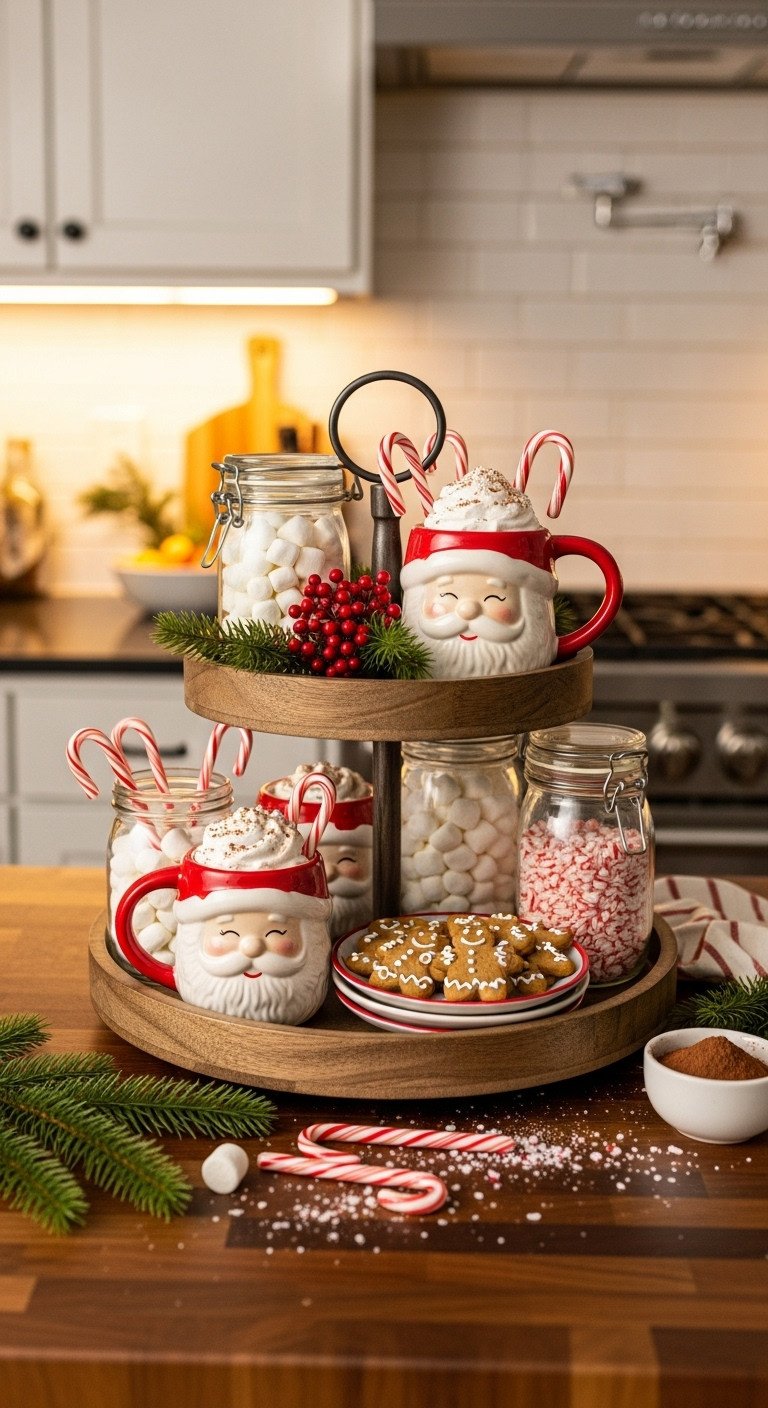 Christmas kitchen hot cocoa station on a tiered tray with Santa mugs marshmallows candy canes and gingerbread cookies