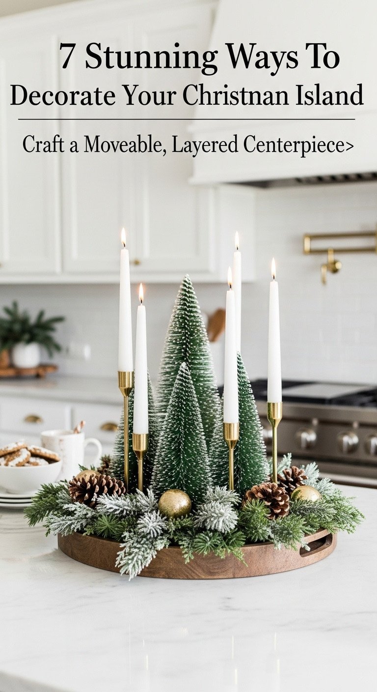 Christmas kitchen island centerpiece with cedar garland mini trees gold candlesticks and pinecones on white marble