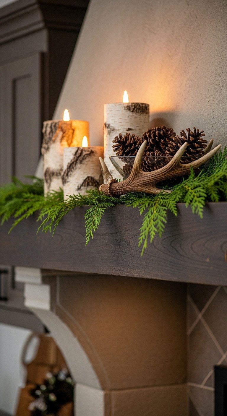 Christmas kitchen range hood mantel with flameless birch bark candles antler bowl with pinecones and fresh greenery in a rustic setting