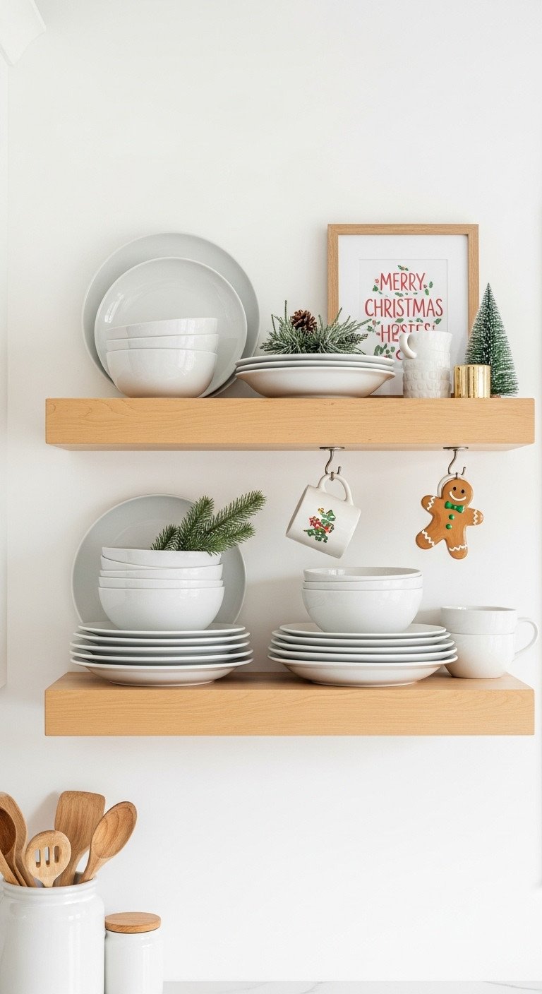 11 Cozy Christmas Kitchen Ideas That Feel Truly Magical 20 Christmas kitchen shelves: Natural wood, white dishes, pine, gingerbread mug, framed print. Holiday style.