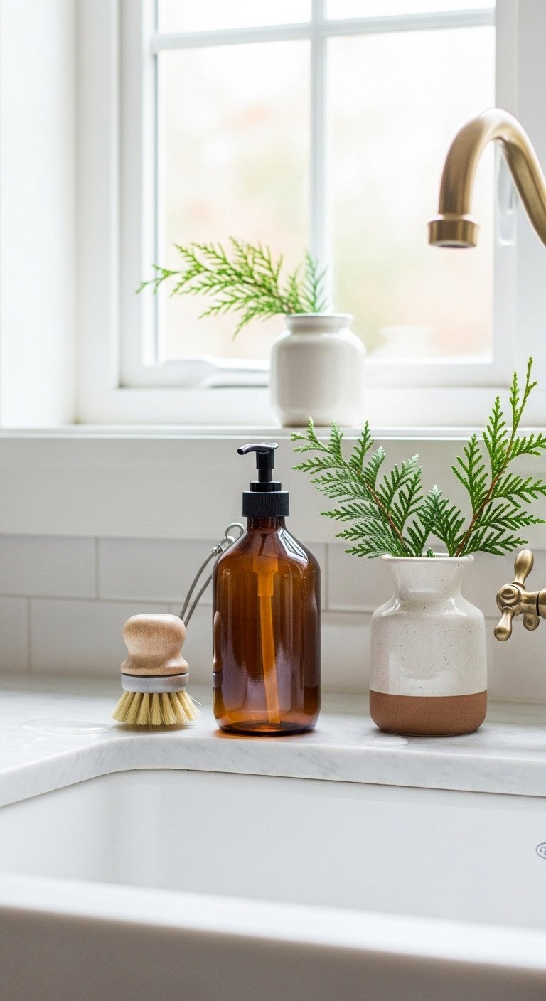 Christmas kitchen sink decor with amber soap dispenser, natural dish brush in ceramic holder, and fresh cedar sprigs on marble.