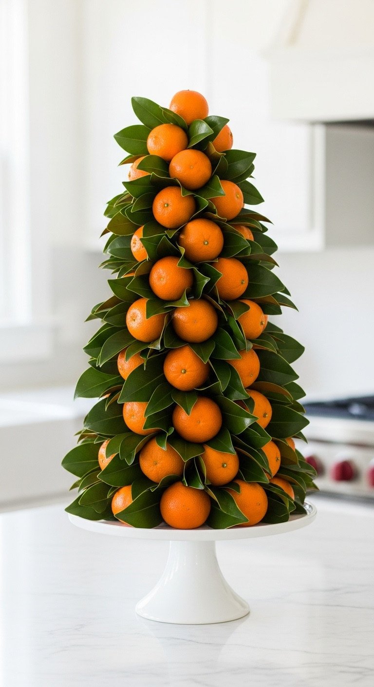 Christmas kitchen table centerpiece a tabletop tree made from clementine oranges and magnolia leaves on a white ceramic cake stand