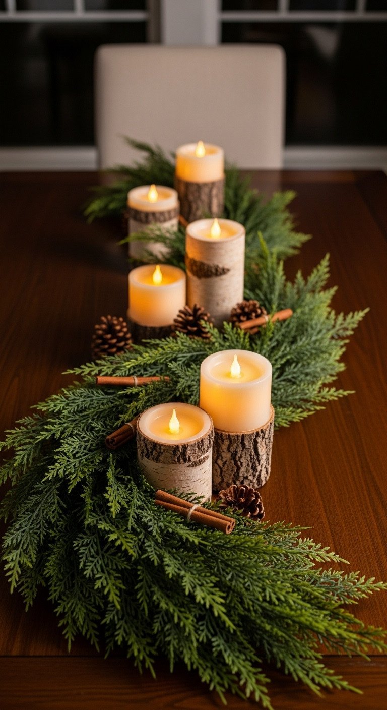 Christmas kitchen table centerpiece with a lush faux cypress garland and glowing birch bark LED pillar candles with cinnamon pinecones on a dark wood table