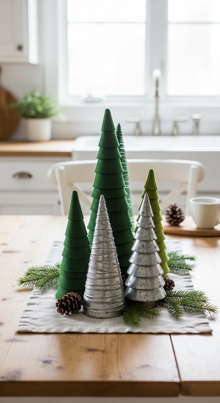Christmas kitchen table centerpiece with a mini forest of tabletop trees pinecones and a white ceramic mug on a light wood table