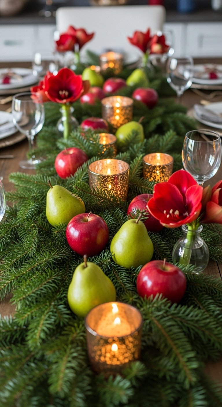 Christmas kitchen table centerpiece with a pine garland layered with green pears red apples lit votive candles and amaryllis blooms