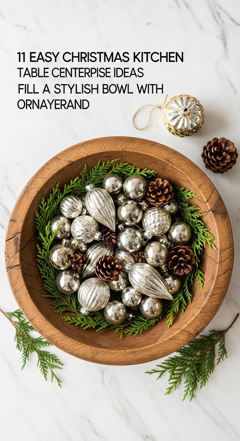 Christmas kitchen table centerpiece with a rustic dough bowl filled with silver and gold ornaments pinecones and cedar sprigs on marble