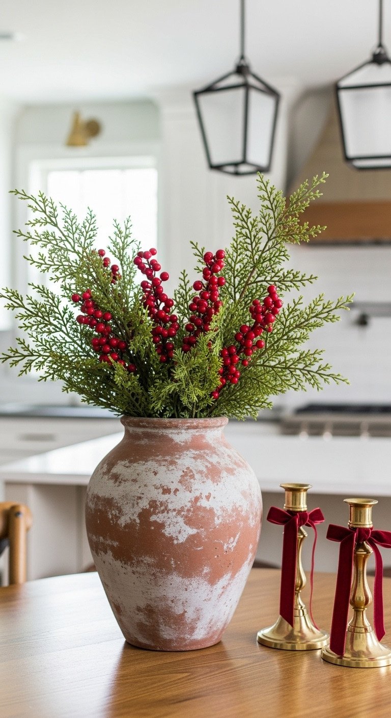 Christmas kitchen table centerpiece with a rustic terracotta vase filled with faux cedar and red berry stems on a round wooden table
