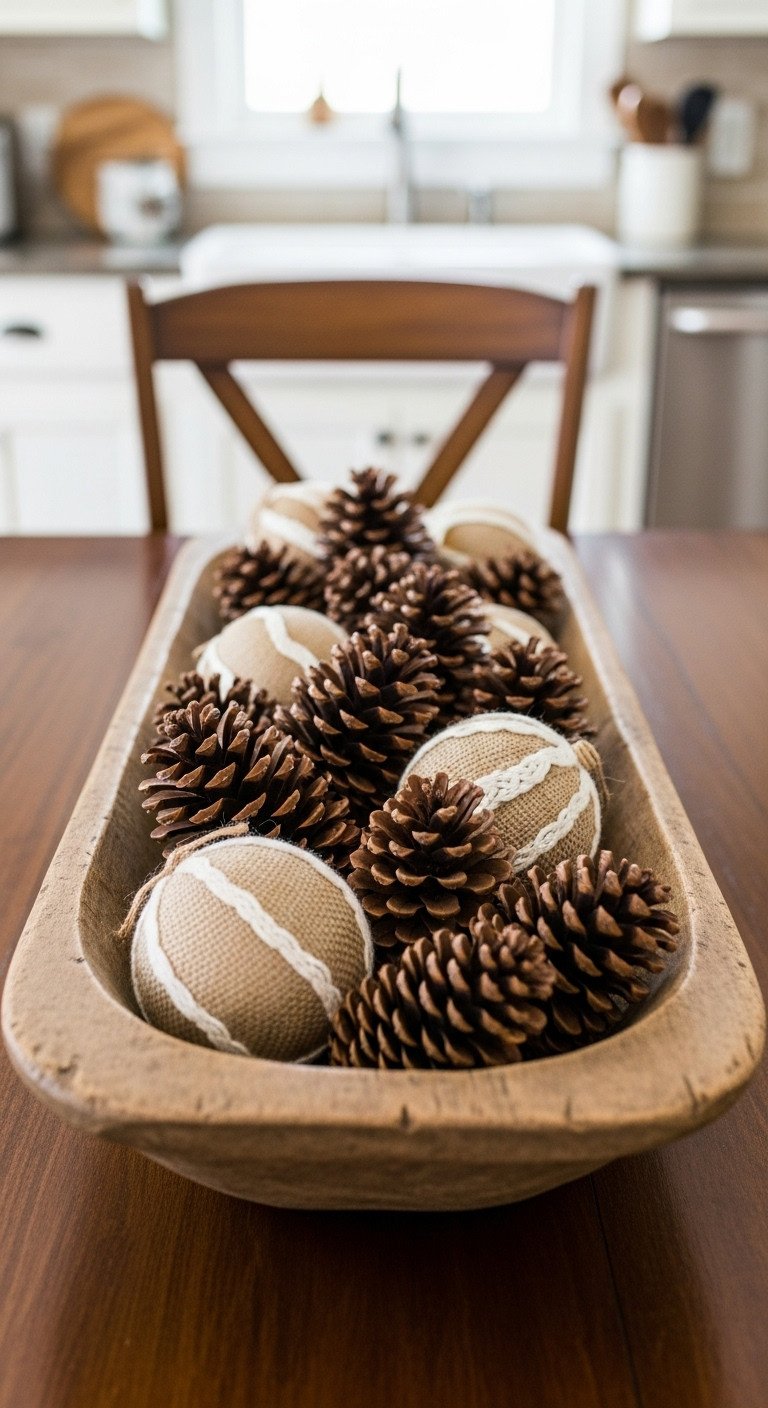 Christmas kitchen table centerpiece with a vintage wooden dough bowl filled with large pinecones and cream burlap ornaments on a dark wood table