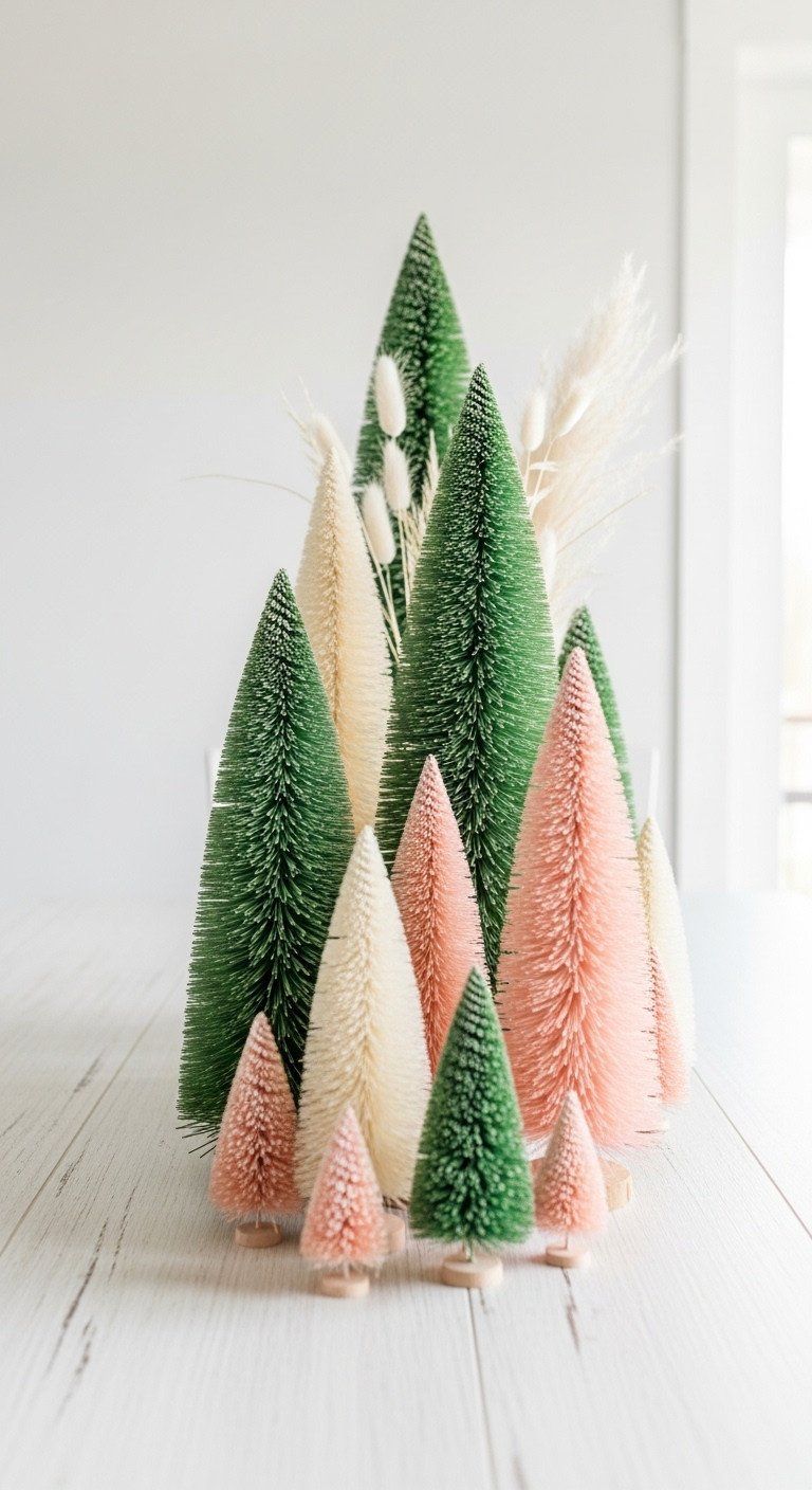 Christmas kitchen table centerpiece with a whimsical collection of green cream and blush pink bottle brush trees with pampas grass on a white table