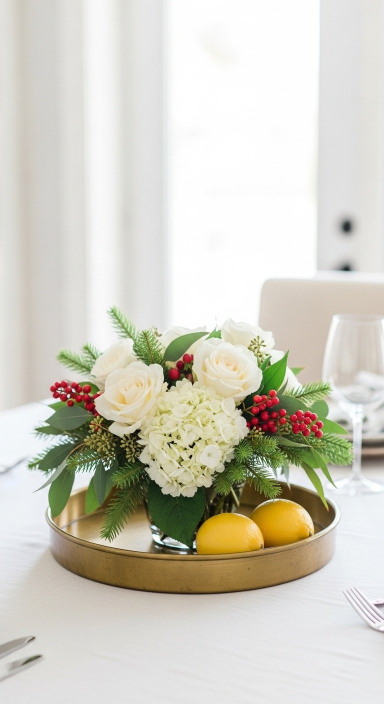 Christmas kitchen table centerpiece with an elegant floral arrangement of white roses hydrangeas greenery red berries and lemons on a gold tray