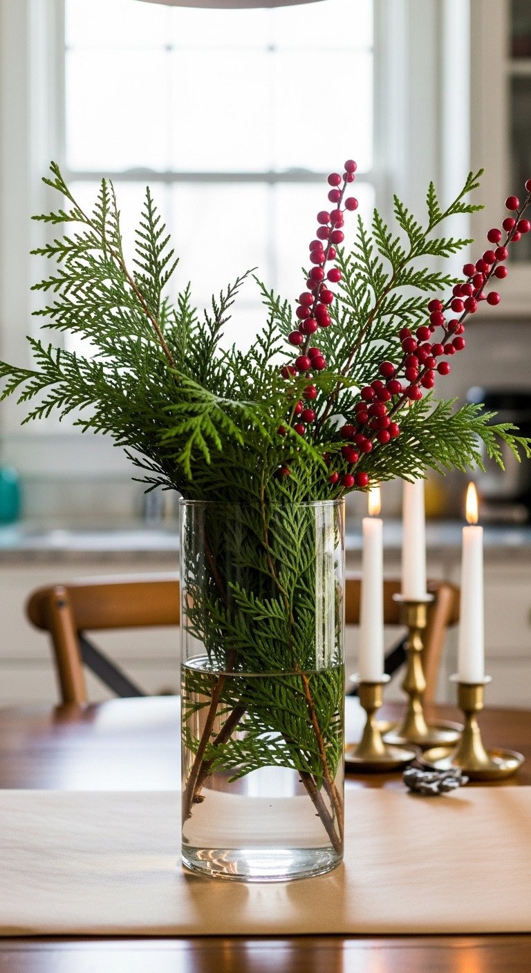 Christmas kitchen table centerpiece with fresh cedar stems and red winterberries in a glass vase with brass candlesticks on a table