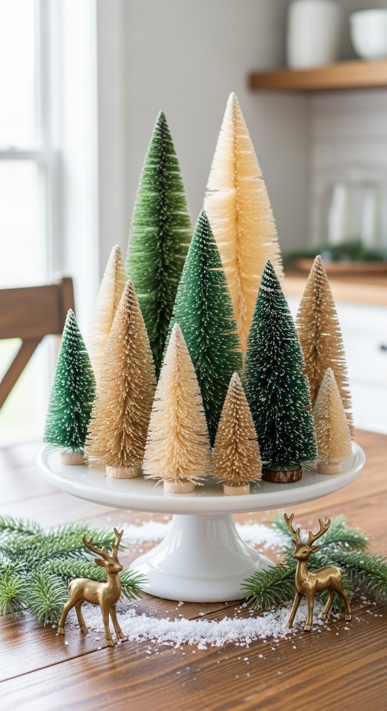 Christmas kitchen table centerpiece with green cream and gold bottle brush trees on a vintage milk glass cake stand with brass reindeer