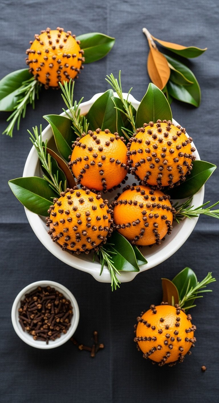 Christmas kitchen table centerpiece with handmade orange pomanders studded with cloves magnolia leaves and rosemary in a white bowl