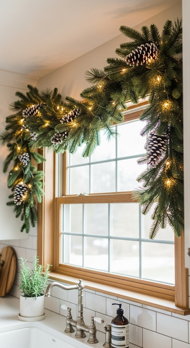 Christmas kitchen window garland with long-needle pine snow-dusted pinecones and warm fairy lights