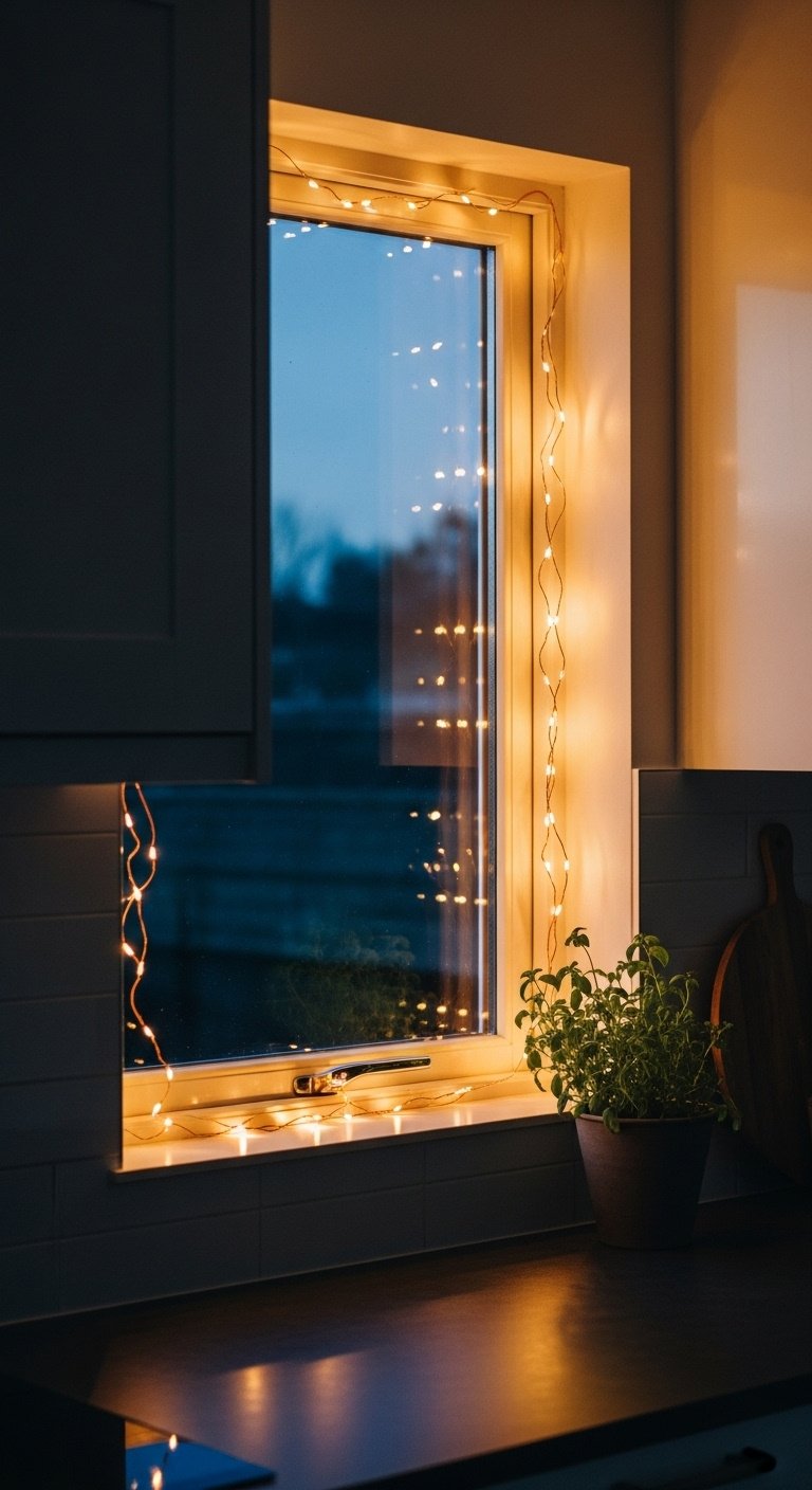 Christmas Kitchen Window Decor Ideas That Are Stunning And Safe 1 Christmas kitchen window with evergreen wreath, red berries, red velvet ribbon, snowy outdoor view. Cozy festive decor.