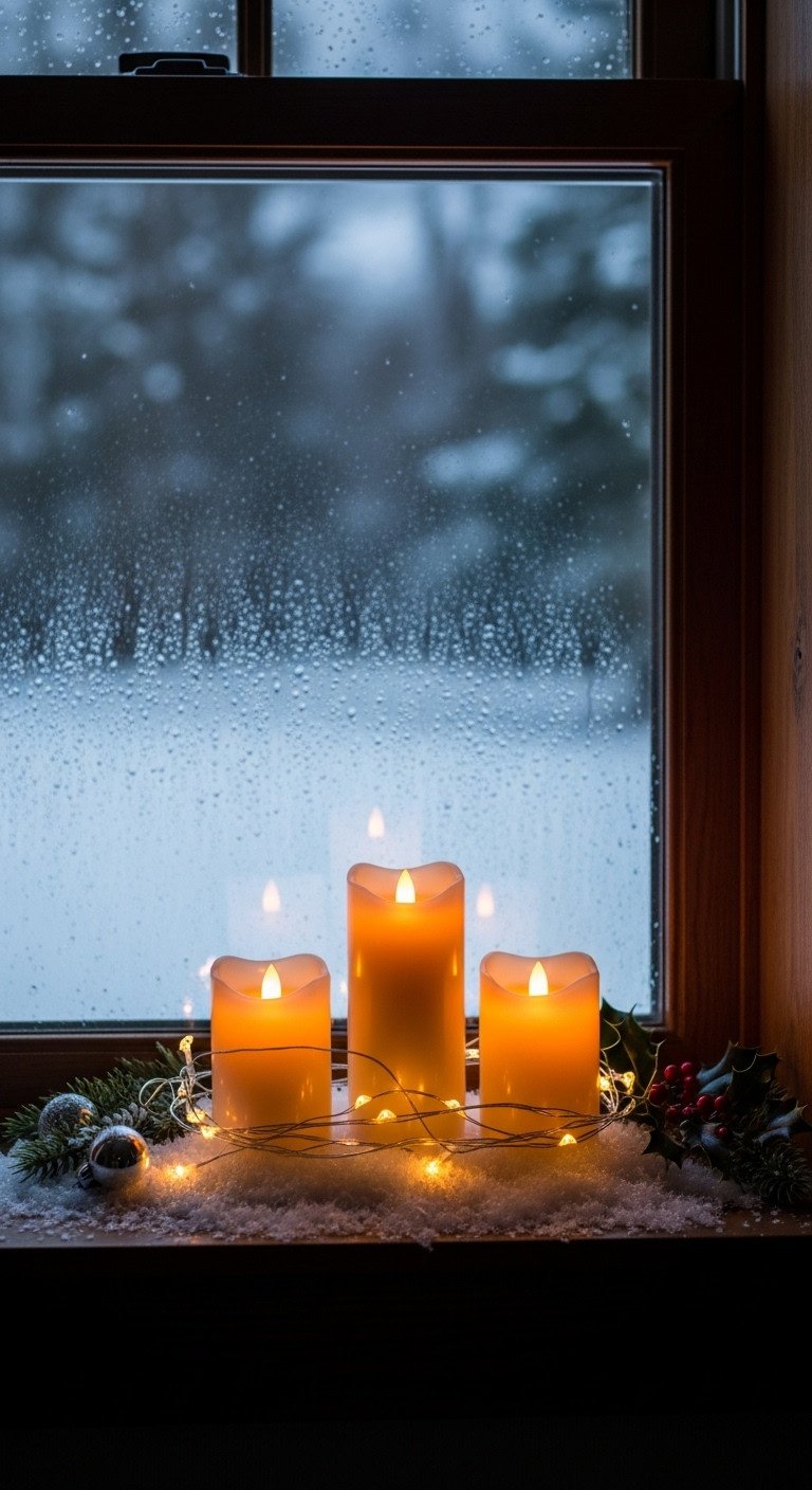 Christmas kitchen window with flickering battery candles faux snow and micro fairy lights on a dark sill