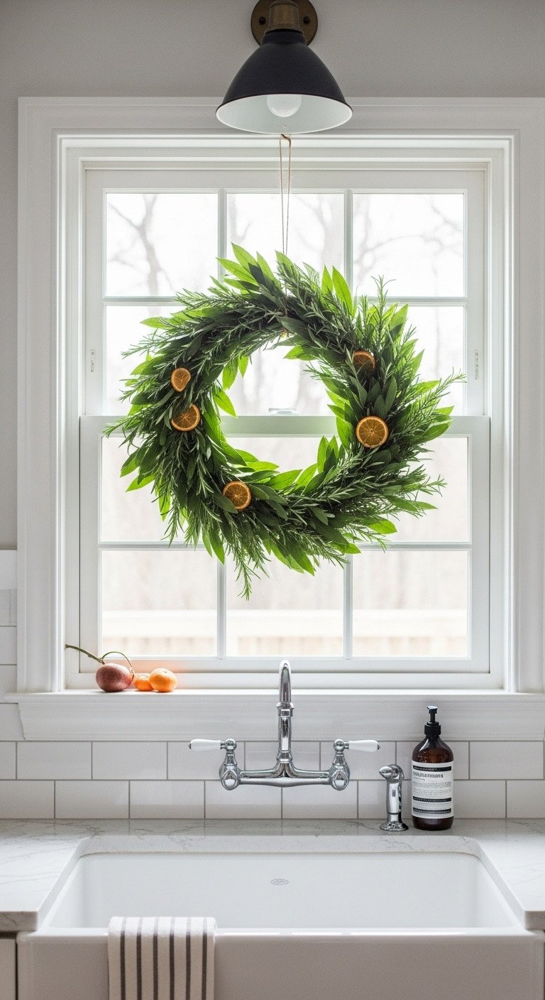Christmas kitchen with aromatic herb wreath of bay rosemary and dried oranges hanging above a white farmhouse sink