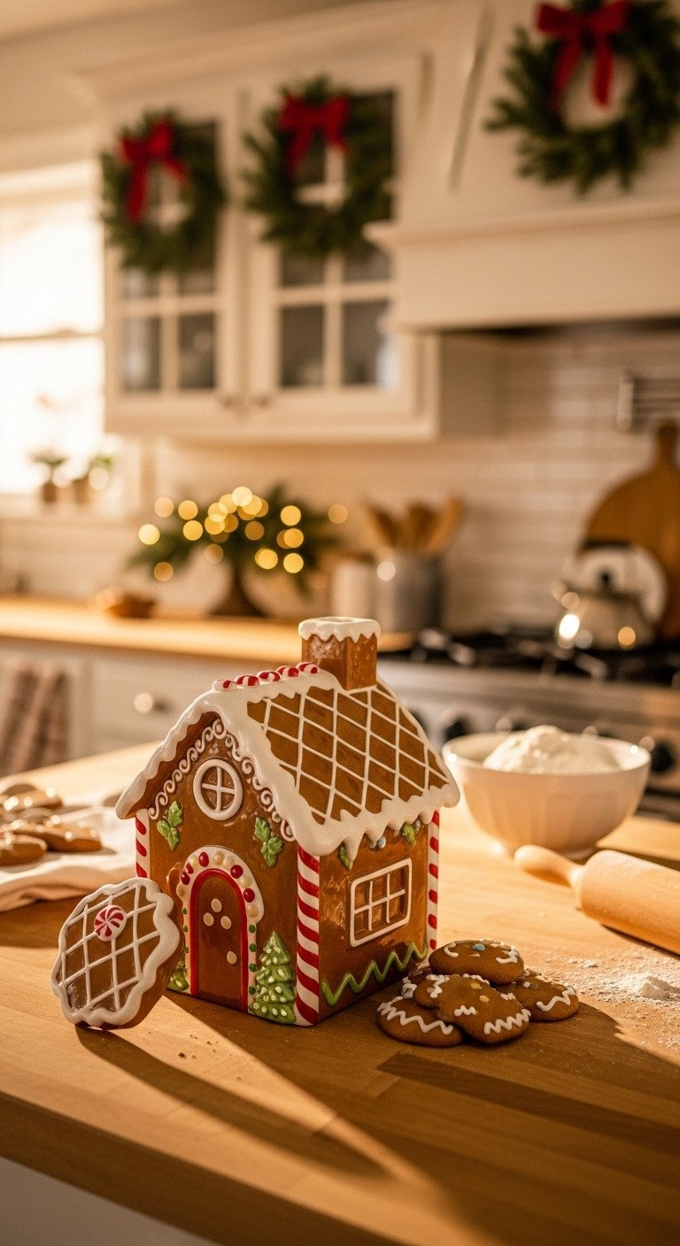 Christmas kitchen with detailed ceramic gingerbread house cookie jar on butcher block countertop