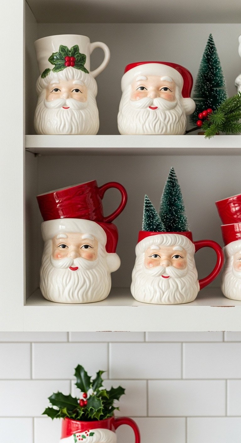 Christmas kitchen with vintage Santa mugs on a white open shelf with holly and bottle brush trees on a tiled backsplash