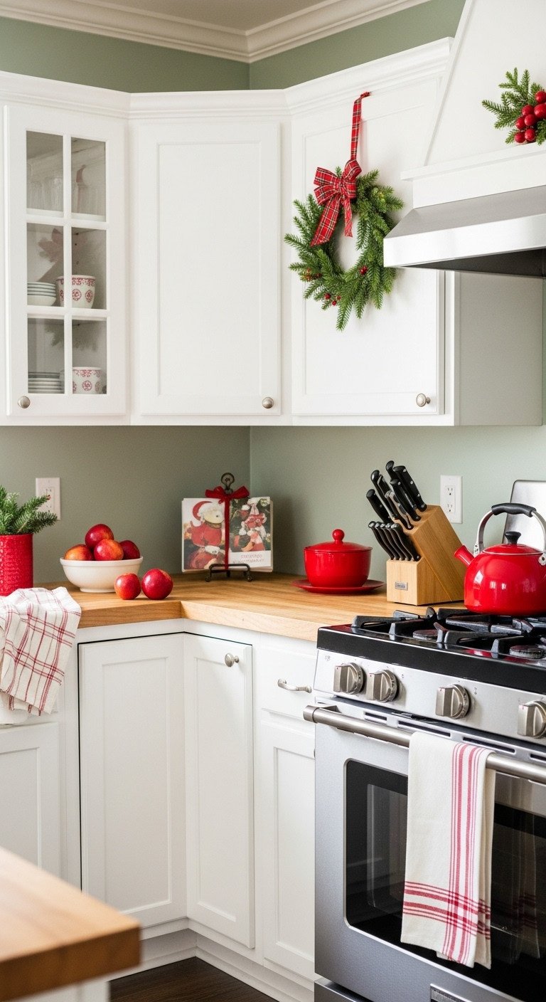 Christmas kitchen with white cabinets green wall red plaid wreath red apples and a red and white striped kitchen towel