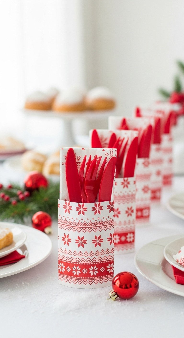 Christmas party buffet table with festive printable utensil holders with red and white snowflake pattern