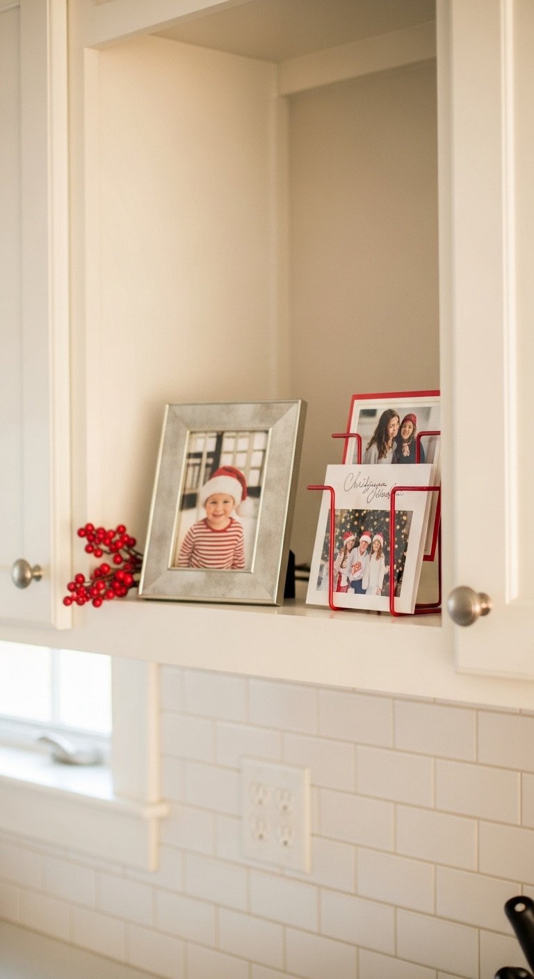 Christmas photos of child in Santa hat and holiday cards on a kitchen floating shelf
