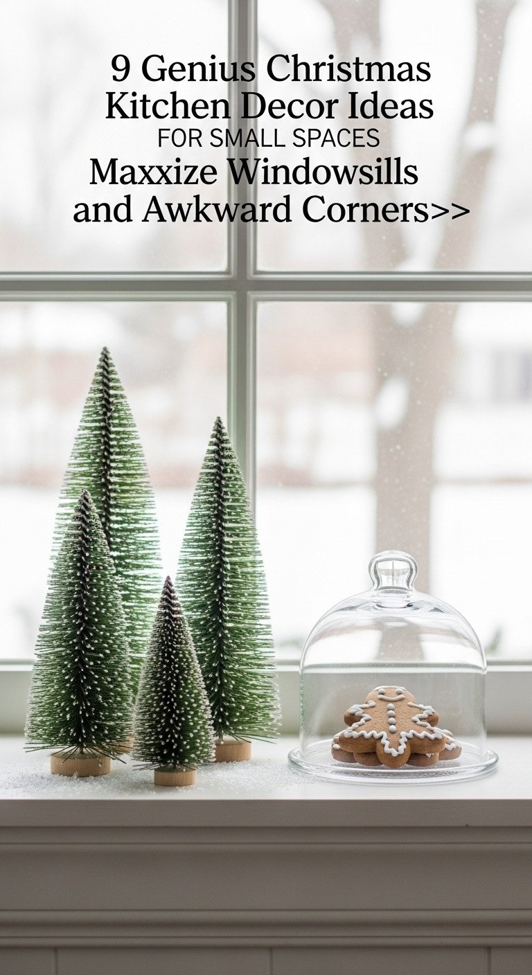 Christmas scene with frosted bottle brush trees and a gingerbread cookie under a glass cloche on a kitchen windowsill